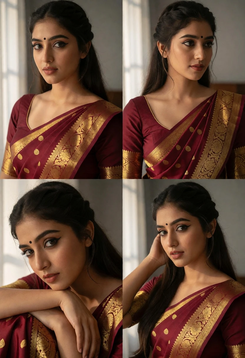 Collage of four portraits featuring woman in maroon silk saree - AI generated image prompt sample