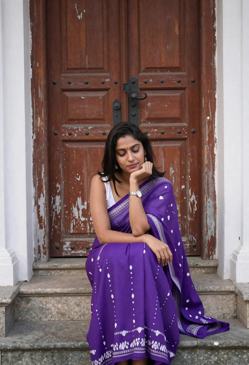 Young woman in purple sari sitting on stone steps by aged wooden