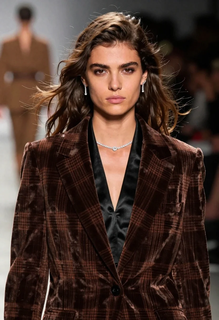 High fashion model in plaid blazer on a blurred runway