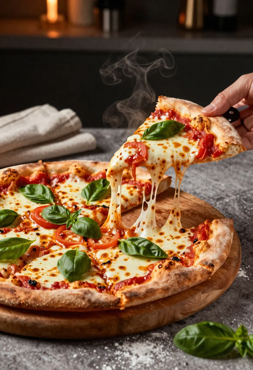 Close up shot of artisan pizza slice with dramatic cheese pull