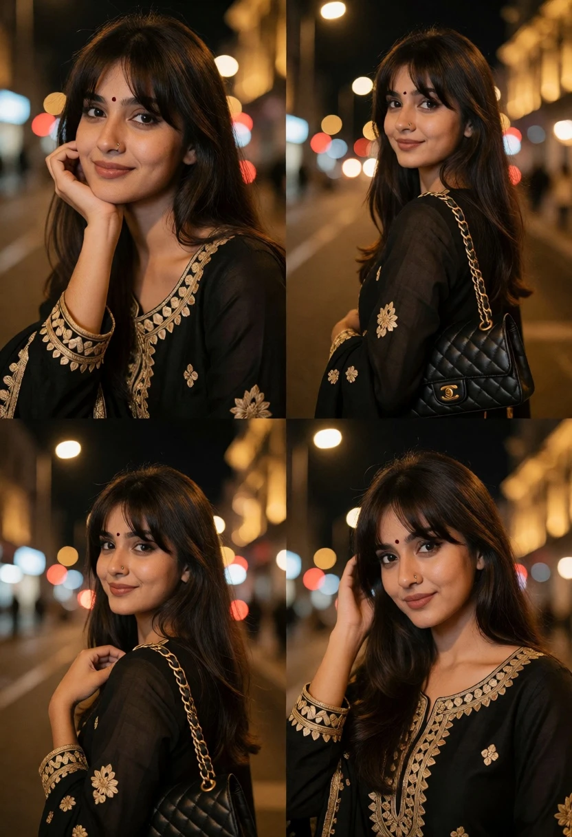 Young woman in black traditional outfit posing on an urban street at - AI generated image prompt sample