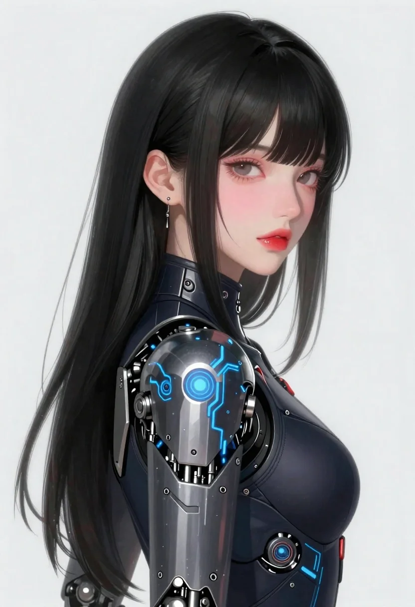 Young woman in futuristic bodysuit with mechanical armor