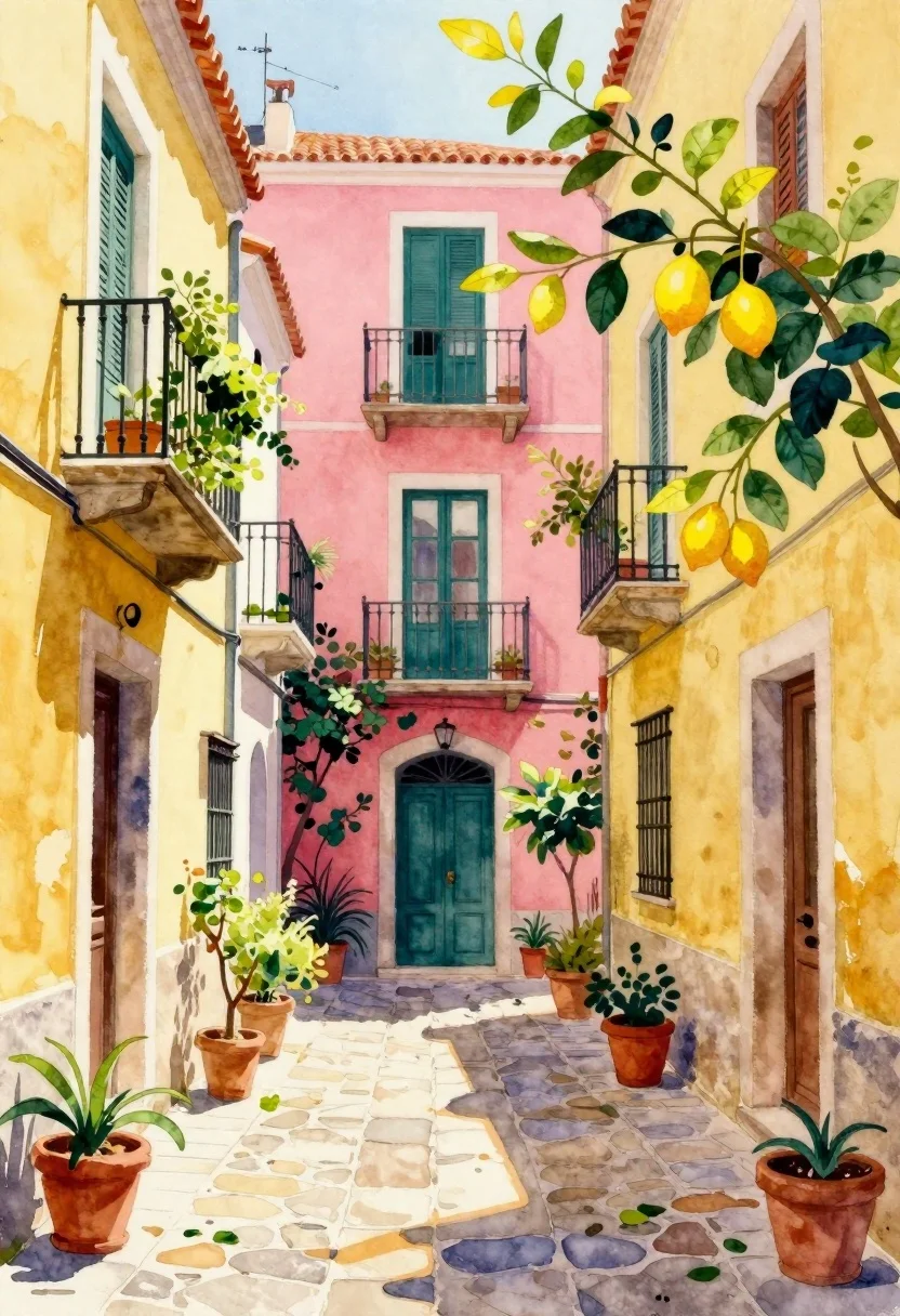 Watercolor mediterranean alleyway with colorful buildings