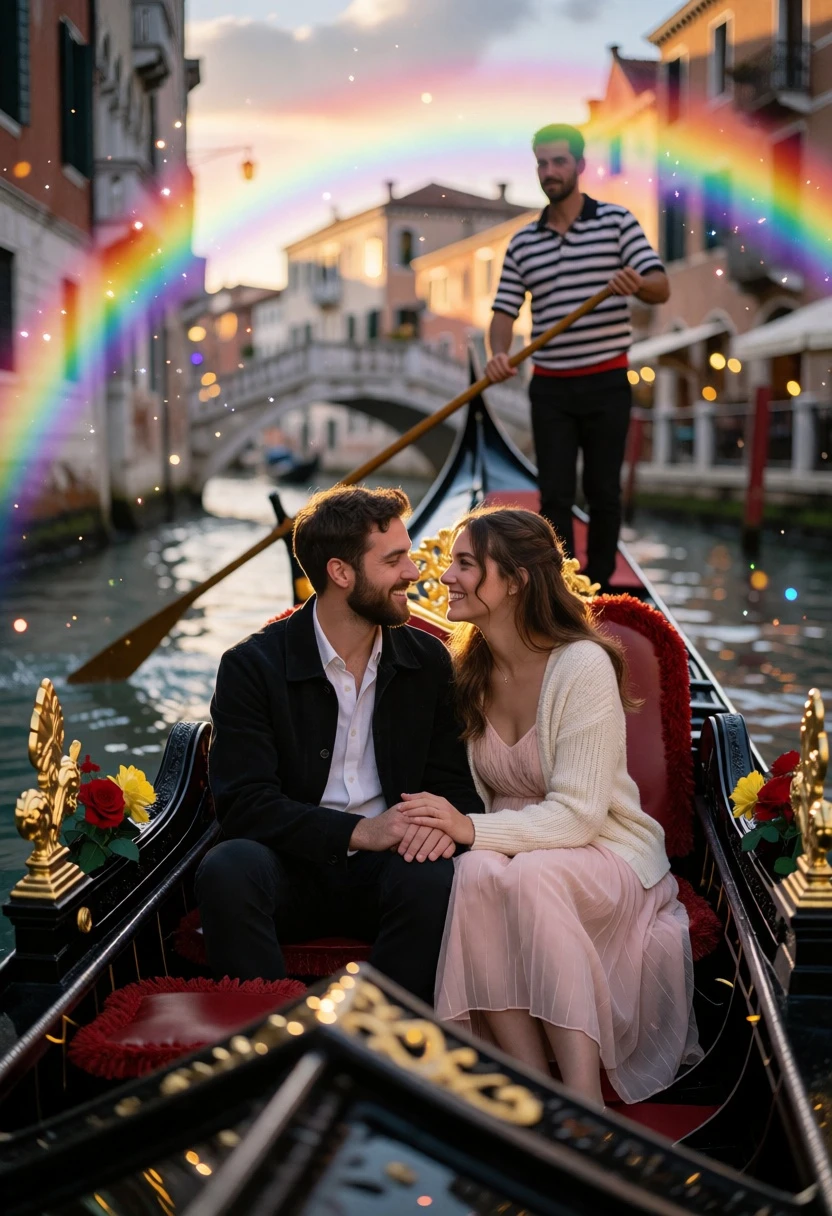Romantic couple holding hands in decorated gondola under vibrant rainbow canal - AI generated image prompt sample