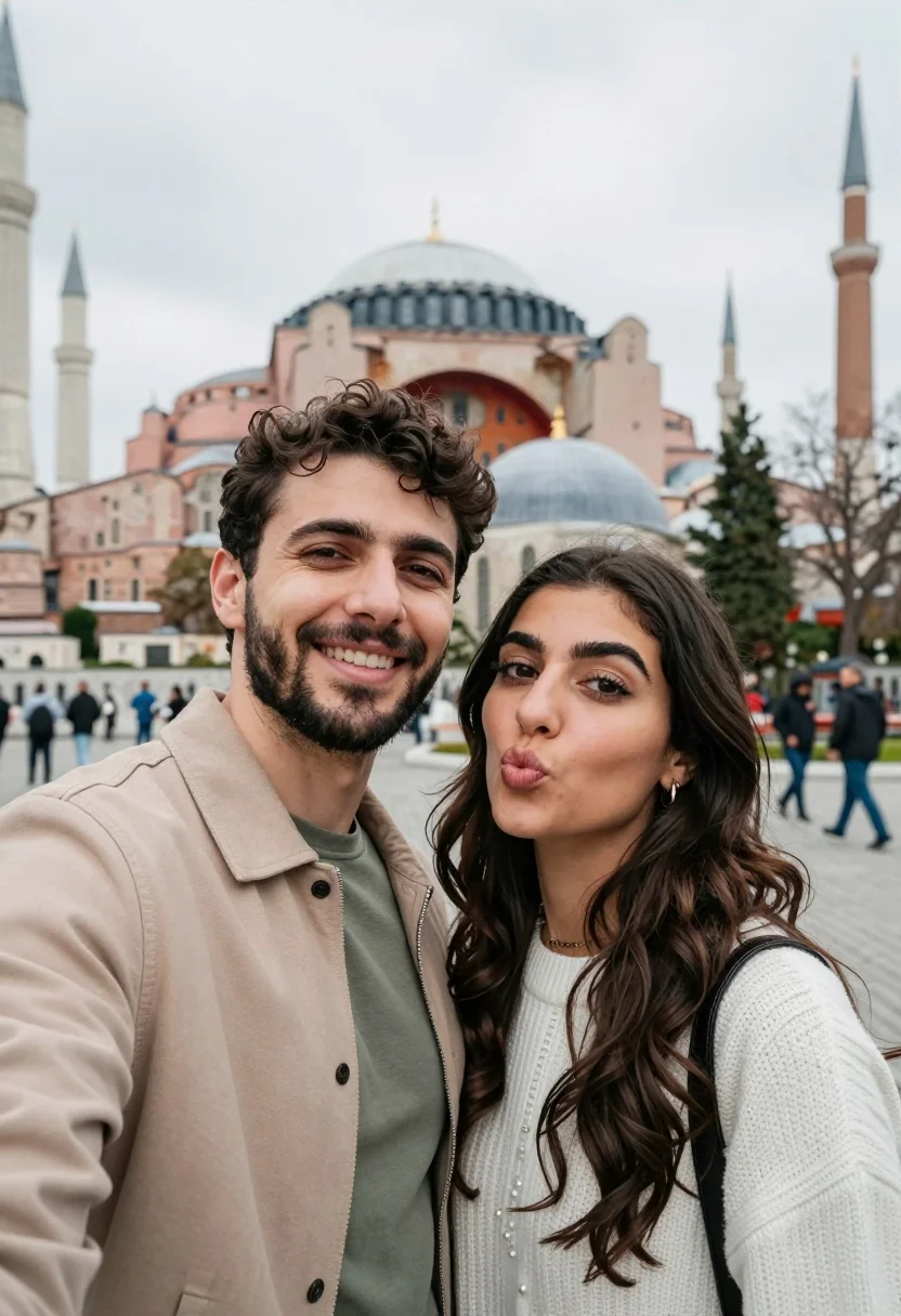 Couple taking selfie in front of the massive hagia sophia dome structure - AI generated image prompt sample