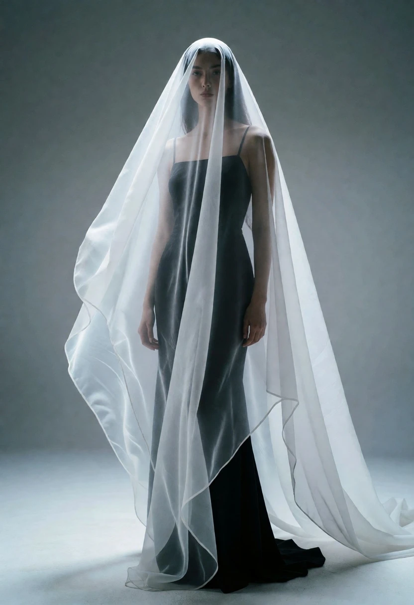 Full length studio portrait of woman veiled in flowing white translucent fabric - AI generated image prompt sample