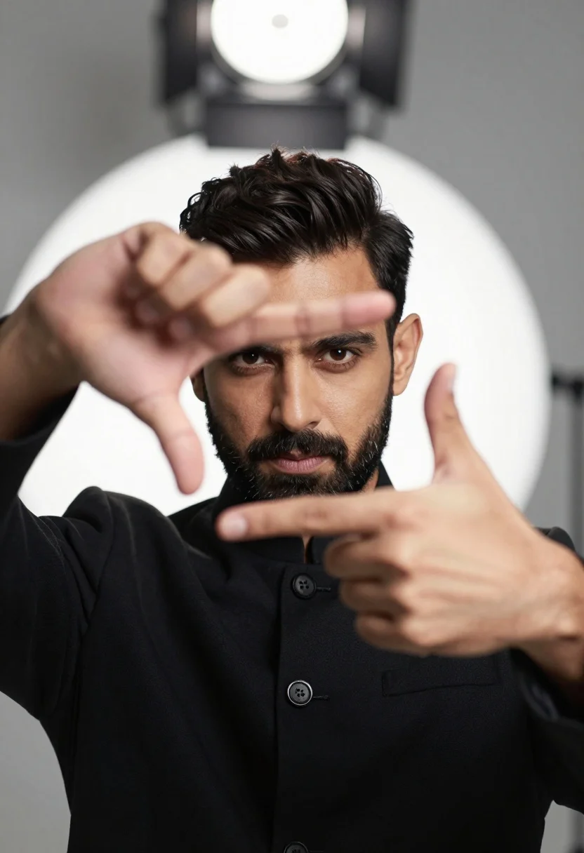 Close up portrait of man framing face in black jacket against grey - AI generated image prompt sample
