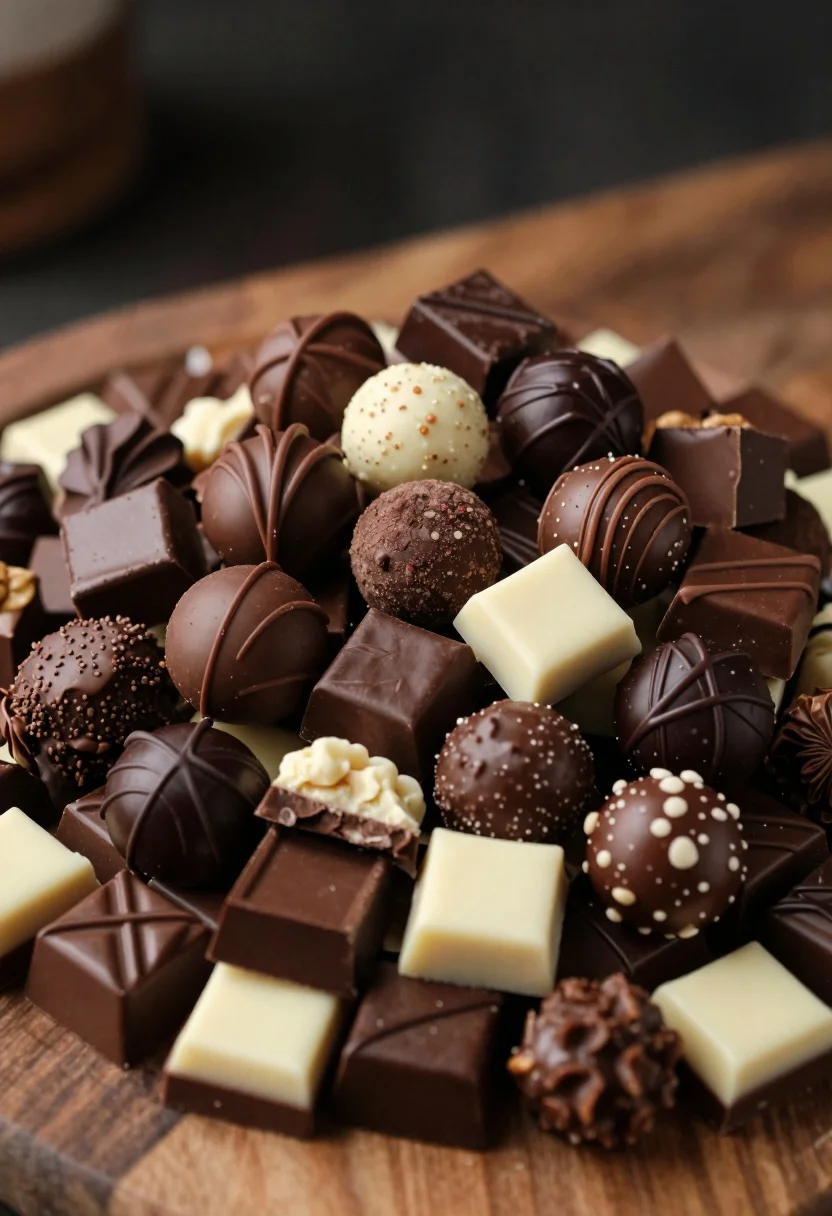 Close up of massive overflowing mound of assorted gourmet chocolates on wood - AI generated image prompt sample