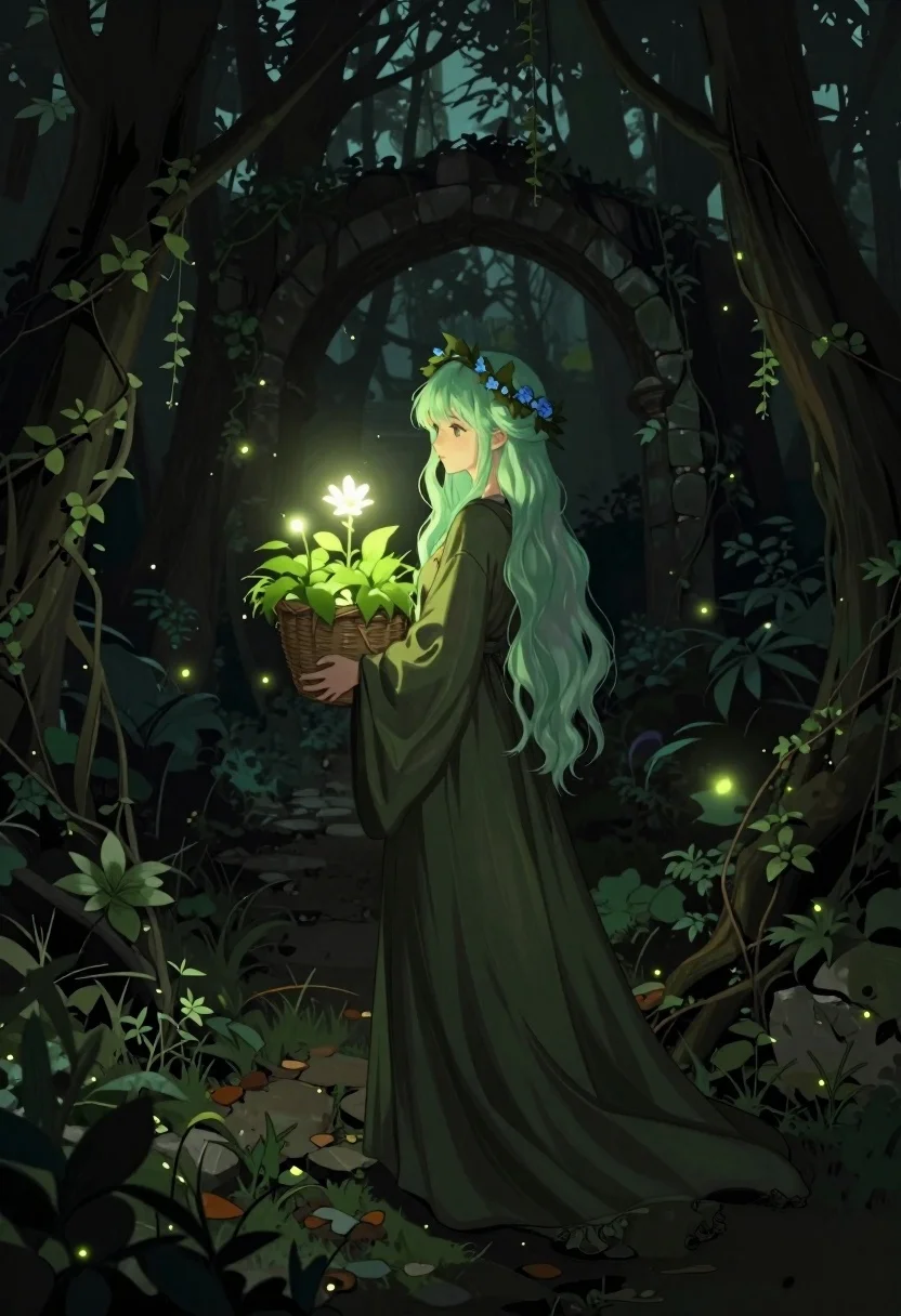Young woman with green hair in glowing forest