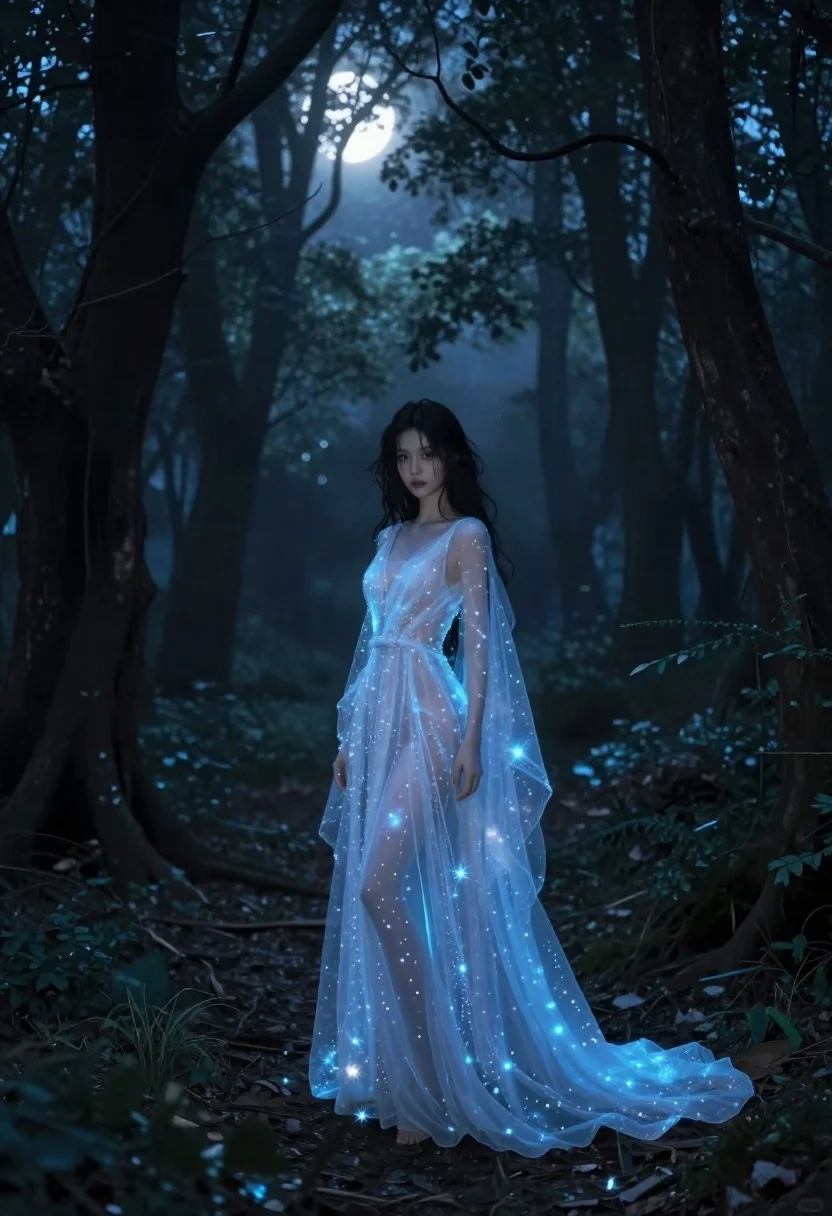 Woman in glowing gown within a foggy forest