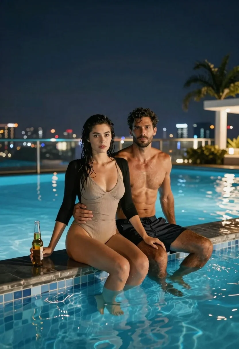 Couple sitting by an infinity pool at night with city skyline - AI generated image prompt sample
