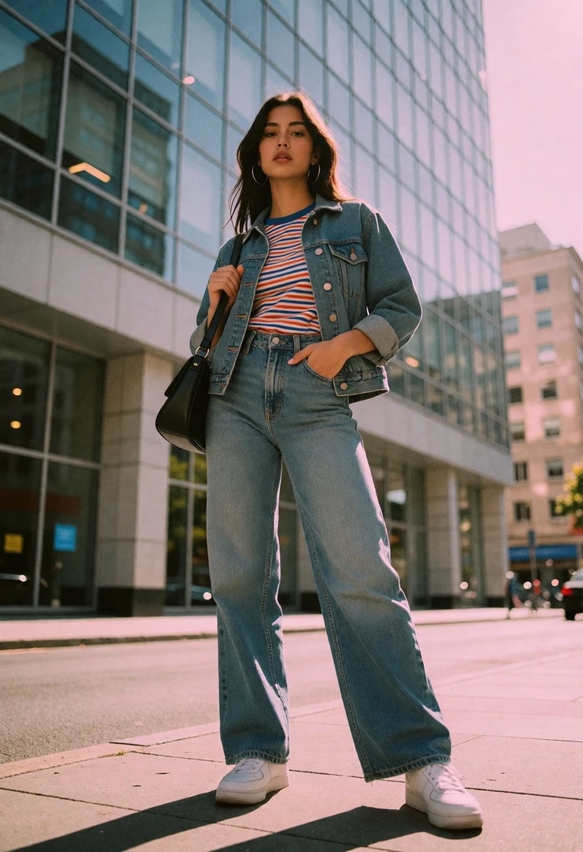 Young woman in denim jacket on city sidewalk against modern glass building - AI generated image prompt sample