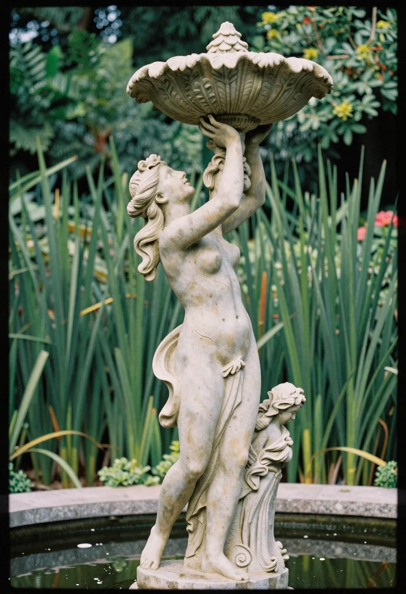 Classical garden fountain statue woman holding bird bath structure - AI generated image prompt sample
