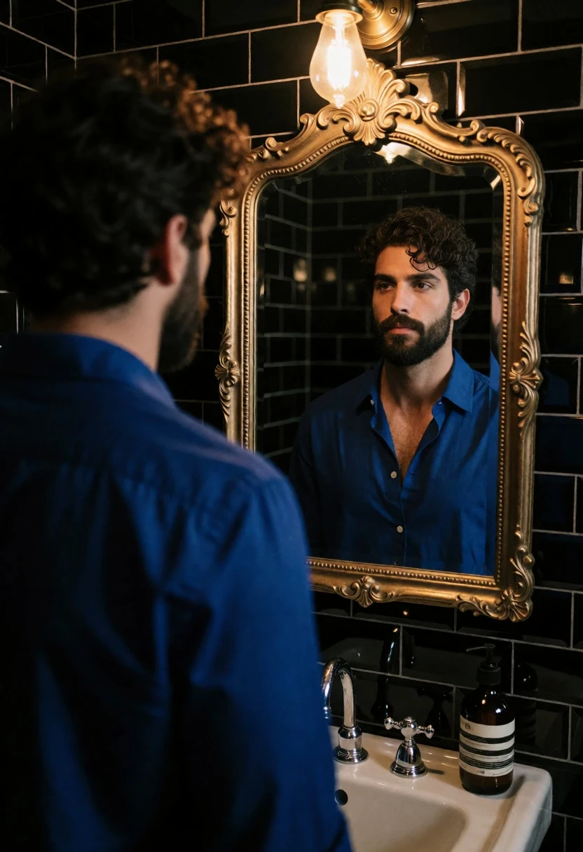 Man viewing reflection in ornate mirror bathroom setting with warm ambient lighting - AI generated image prompt sample