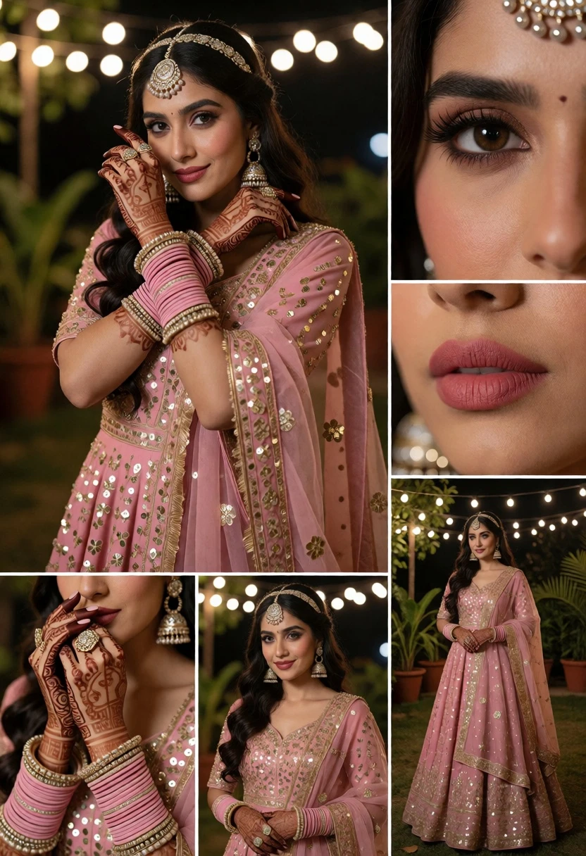 Collage of south asian bride in dusty pink lehenga at night garden - AI generated image prompt sample