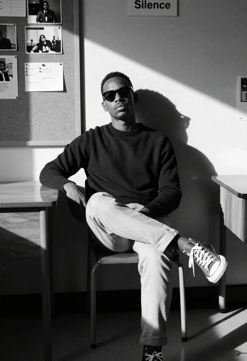 Black and white portrait of man in classroom setting