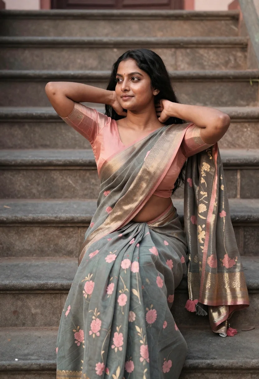 Young woman in greyishgreen saree seated on weathered stone steps