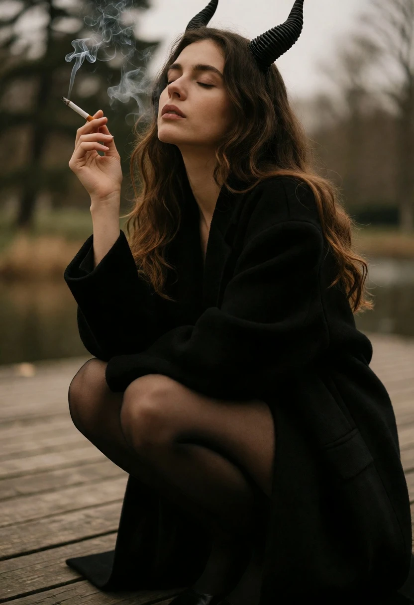 Woman with horns in black coat crouching on weathered wooden deck outdoors - AI generated image prompt sample