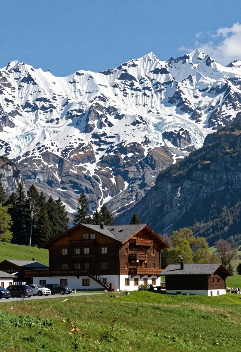 Low angle wide shot of hotel cabin in meadow beneath massive glacier - AI generated image prompt sample