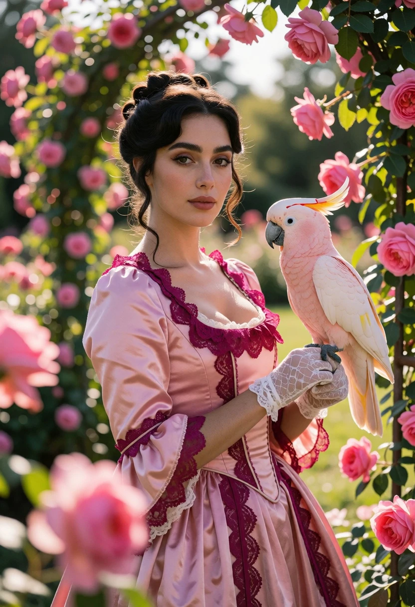 Woman in pink gown holding cockatoo within a lush rose garden setting - AI generated image prompt sample