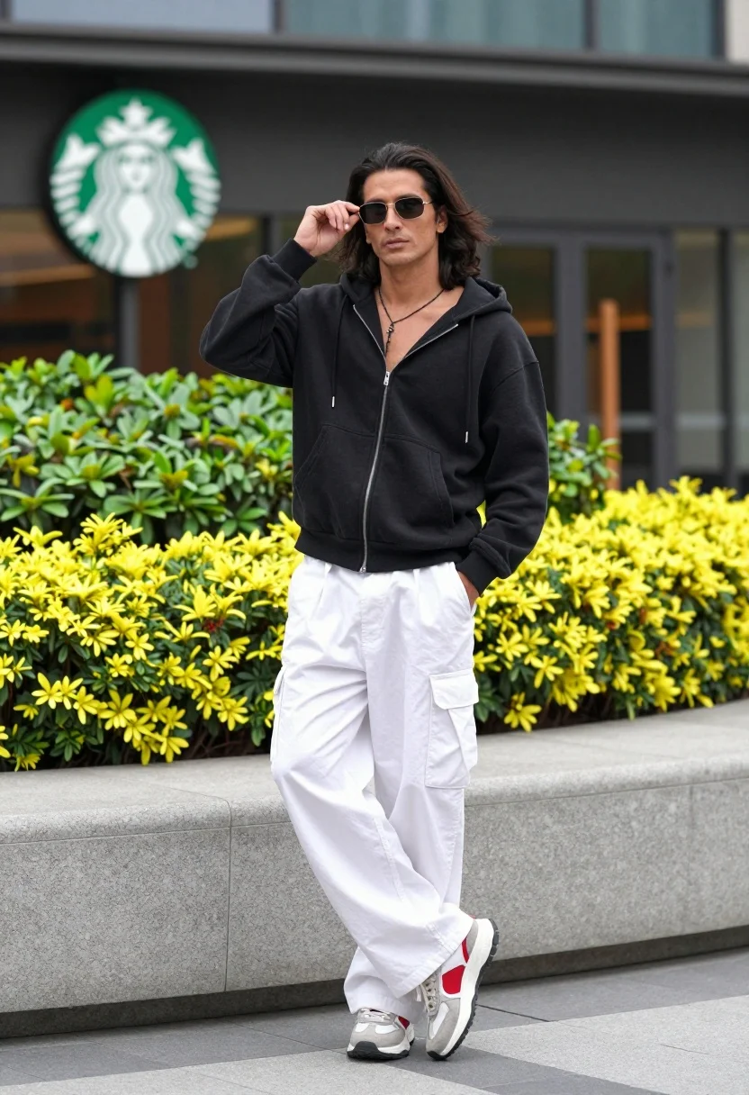 Stylish man in black hoodie and white cargo pants in urban plaza - AI generated image prompt sample