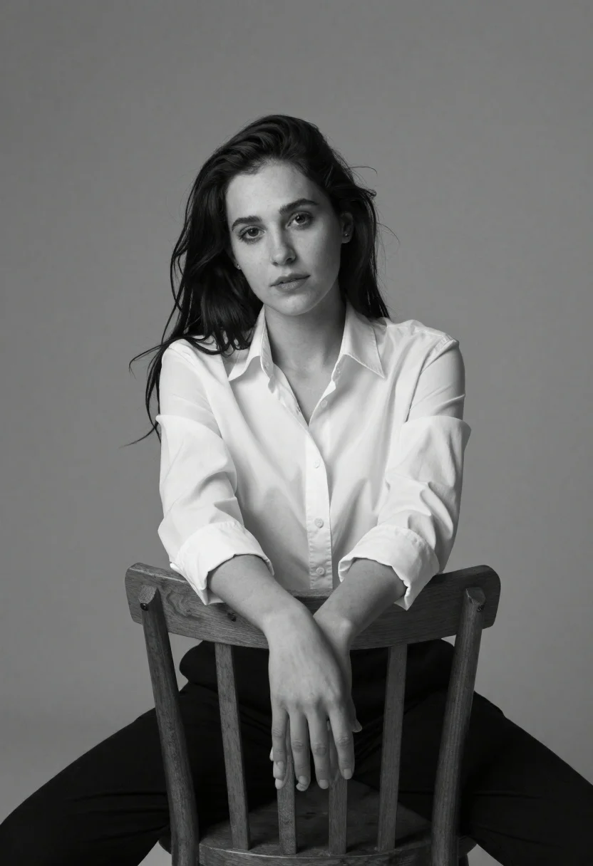 Black and white portrait of woman on wooden chair - AI generated image prompt sample