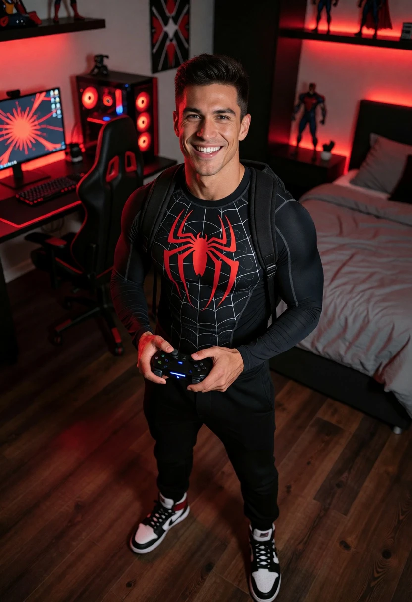 Muscular man in gaming bedroom holding controller under dramatic red lighting - AI generated image prompt sample