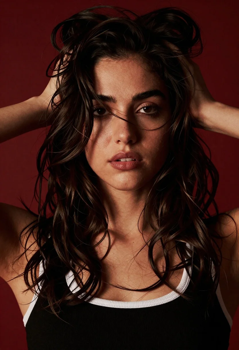 Dramatic close up portrait of young woman with dark wavy hair