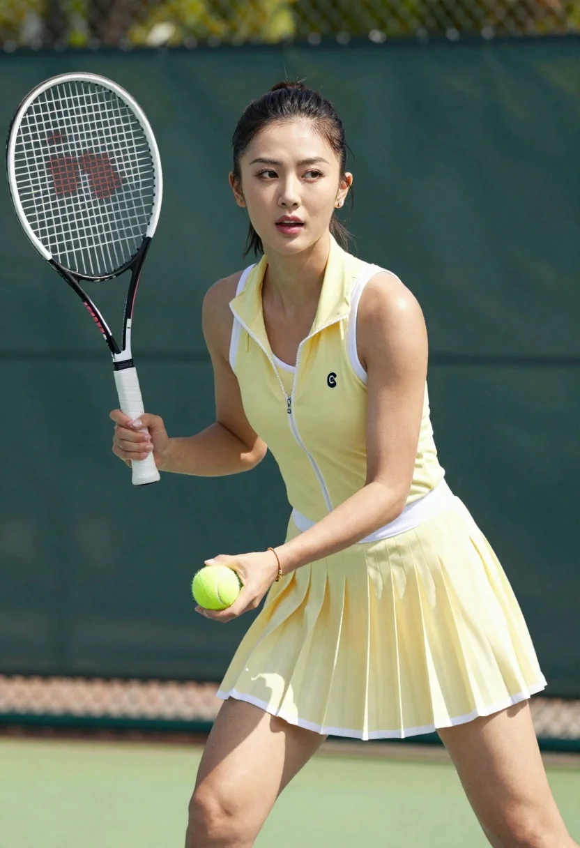 Fit woman in yellow tennis outfit holding racket and ball on court - AI generated image prompt sample