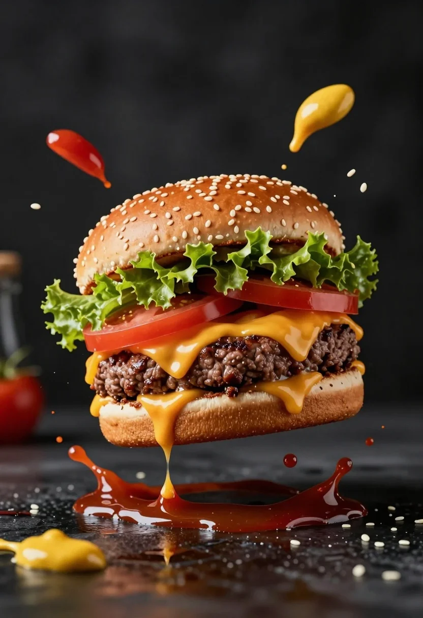 Hyperrealistic close up of cheeseburger exploding with condiments on wet surface - AI generated image prompt sample