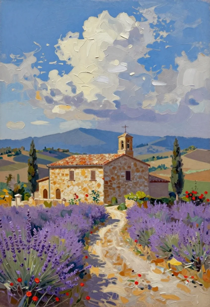 Tuscan villa in rolling hills under a blue sky