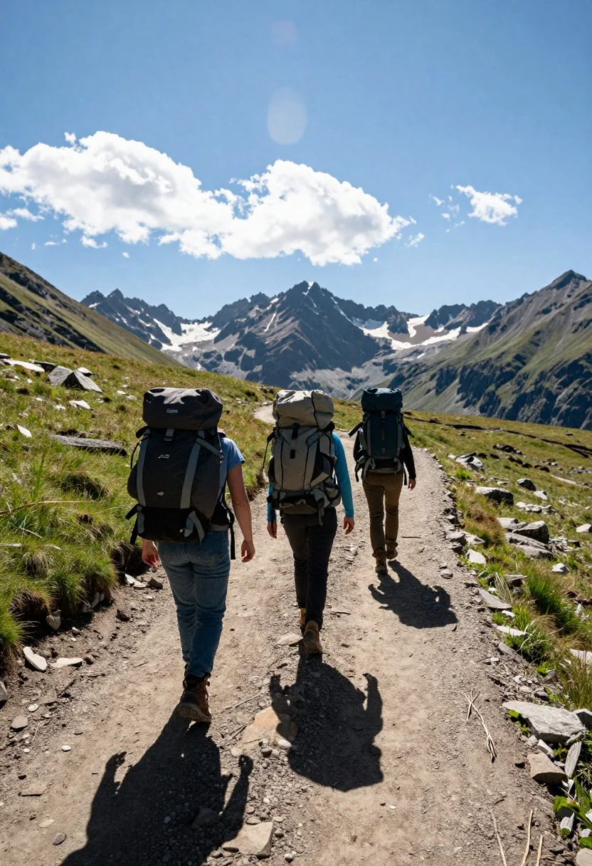 Three hikers walking away along a dirt trail toward jagged mountains - AI generated image prompt sample