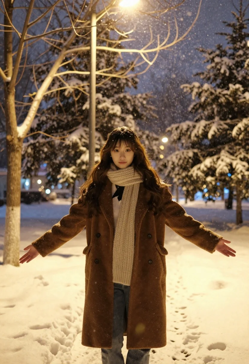 Young woman embracing falling snow in a winter park at night - AI generated image prompt sample