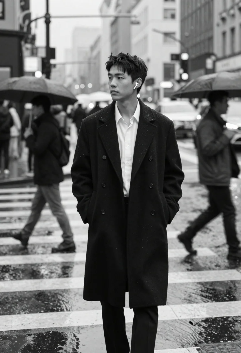 Young asian man in overcoat standing still on wet city street - AI generated image prompt sample