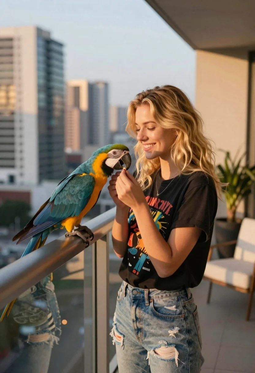 Young blonde woman feeding macaw parrot on modern city balcony - AI generated image prompt sample