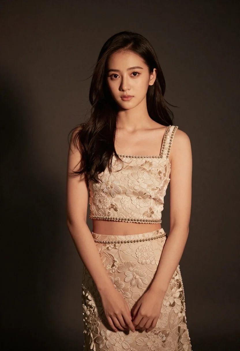 Poised young woman in champagne brocade twopiece outfit studio portrait