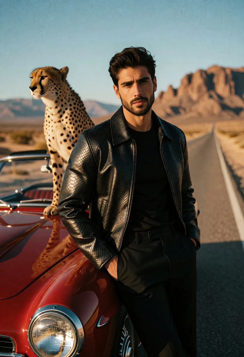 Man with cheetah beside vintage red convertible on desert highway - AI generated image prompt sample