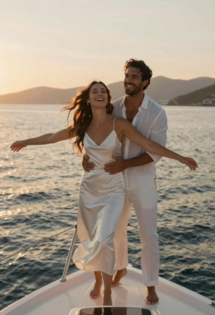 Joyful couple in white outfits on a boat at sunset - AI generated image prompt sample