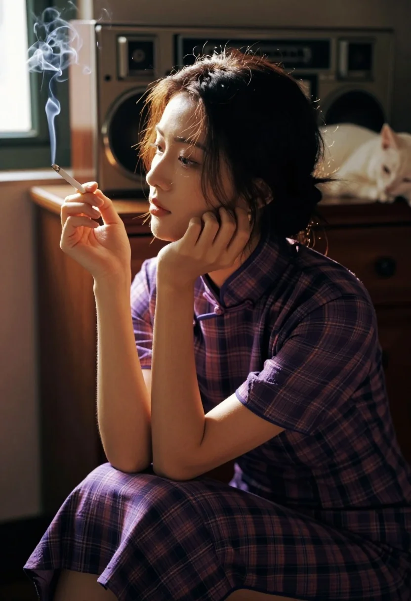 Contemplative woman in purple plaid dress with cat on vintage stereo unit - AI generated image prompt sample