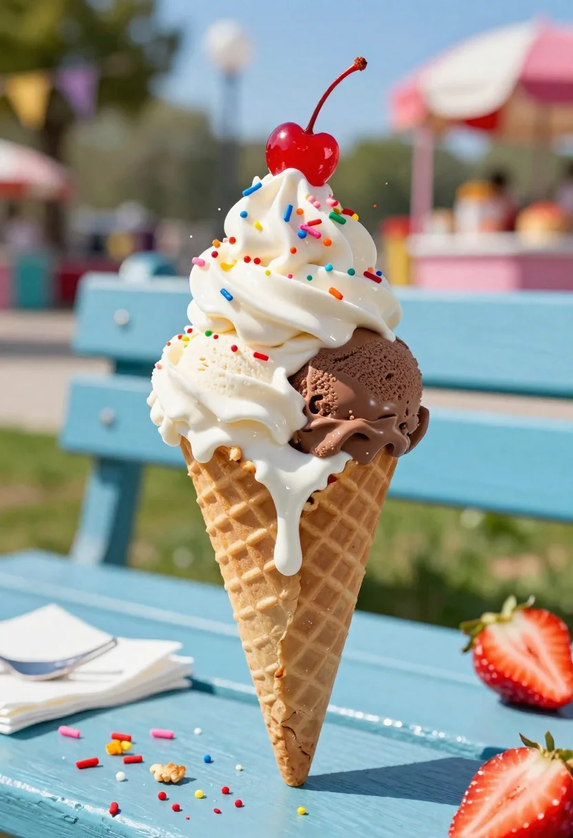 Close up of melting vanilla and chocolate ice cream on a waffle