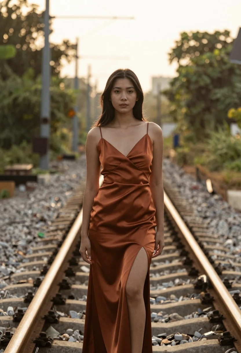 Woman in rust colored satin dress standing on overgrown railway track - AI generated image prompt sample