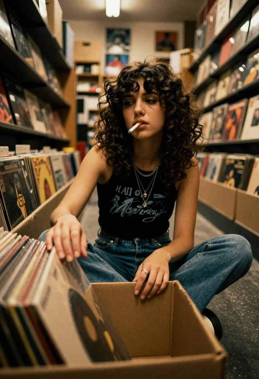 Young woman in black tank top sitting among vinyl records in store - AI generated image prompt sample