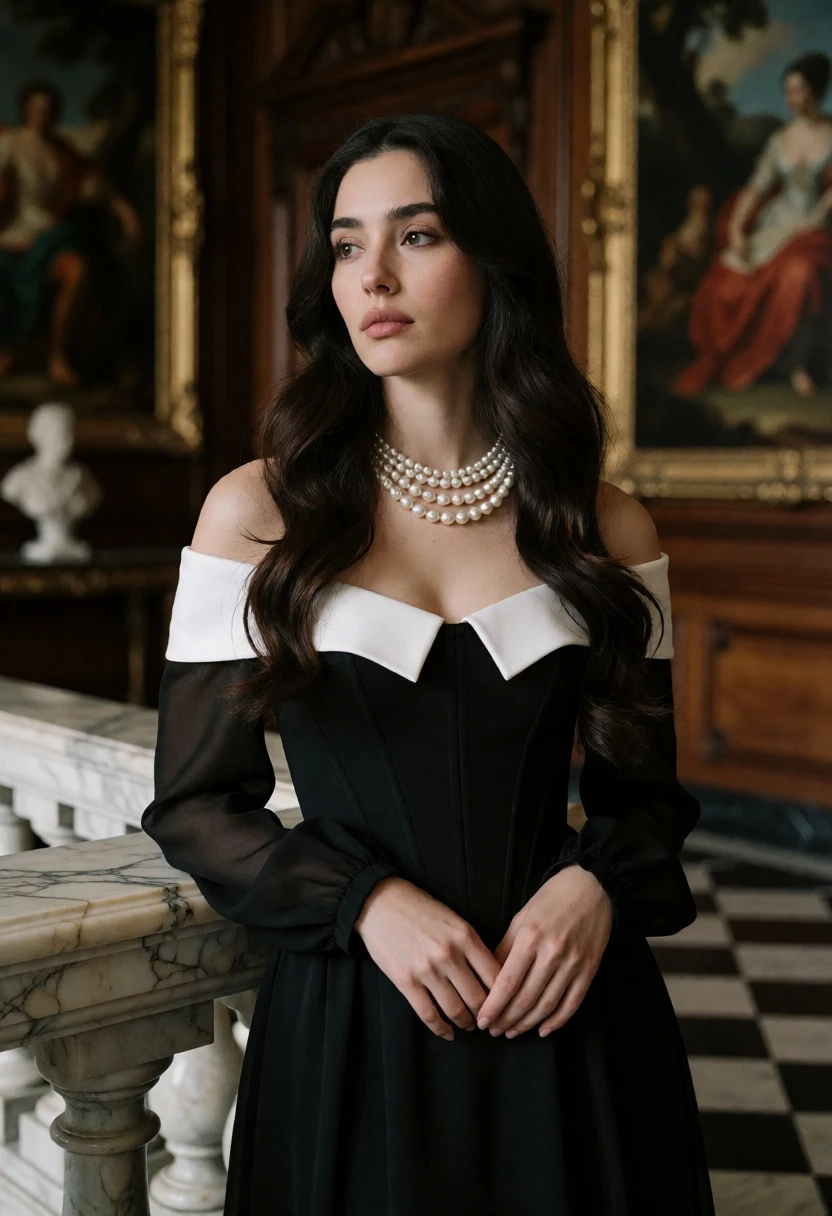 Woman in black corset dress leaning on marble balustrade in grand hall - AI generated image prompt sample