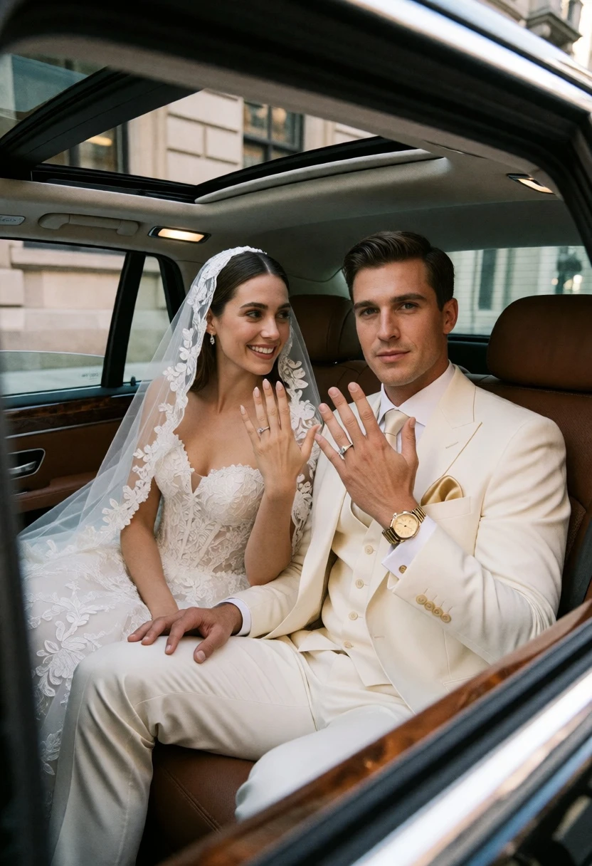 Bride and groom seated in luxury car showing diamond rings through sunroof - AI generated image prompt sample