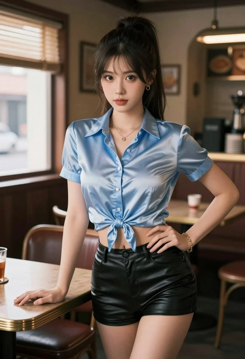 Young woman in satin shirt and leather shorts leaning on wooden table - AI generated image prompt sample