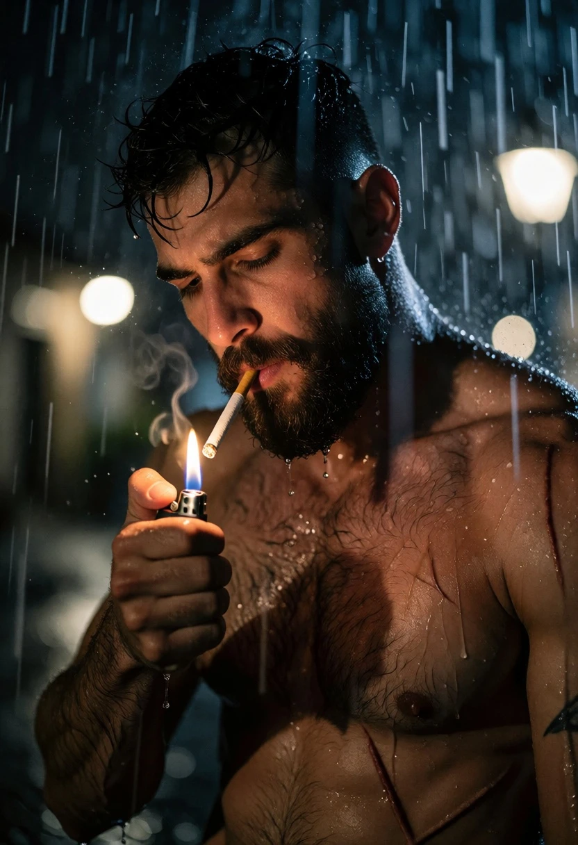 Muscular man lighting cigarette in heavy rain at night street scene - AI generated image prompt sample