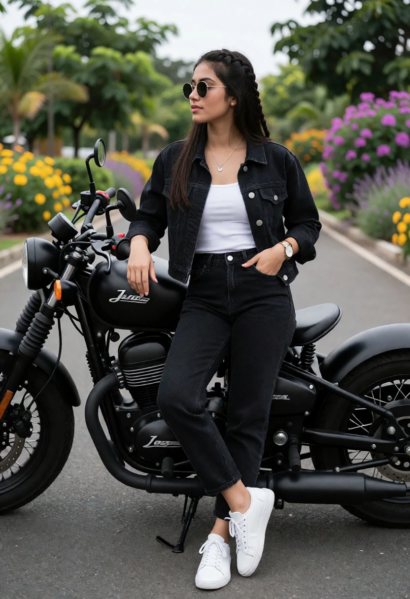 Young woman leaning on black motorcycle on paved road with green foliage - AI generated image prompt sample