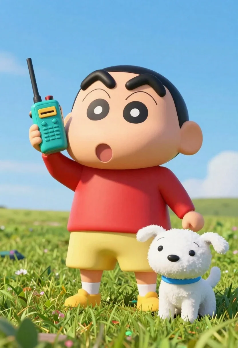 Cheerful plush toy boy holding a teal walkie talkie on a grassy - AI generated image prompt sample
