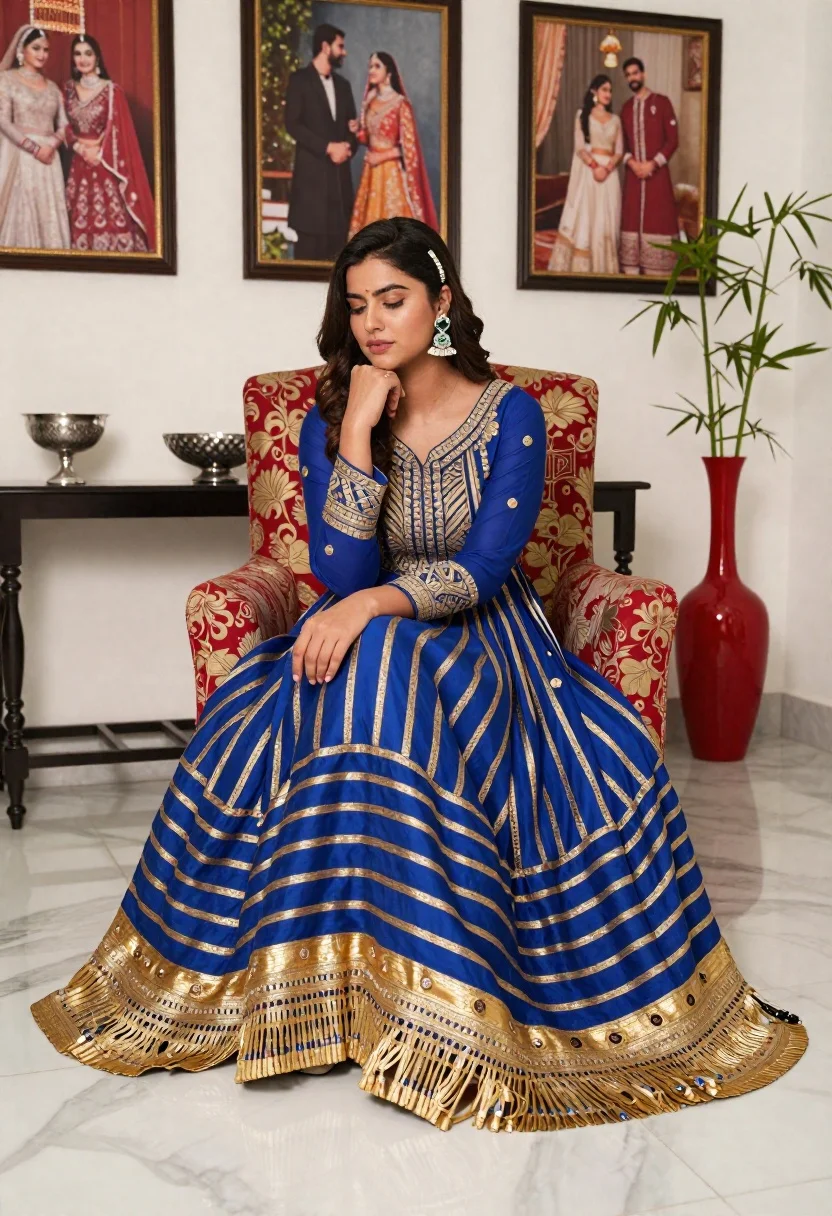 Young woman in blue anarkali gown seated on red armchair indoors