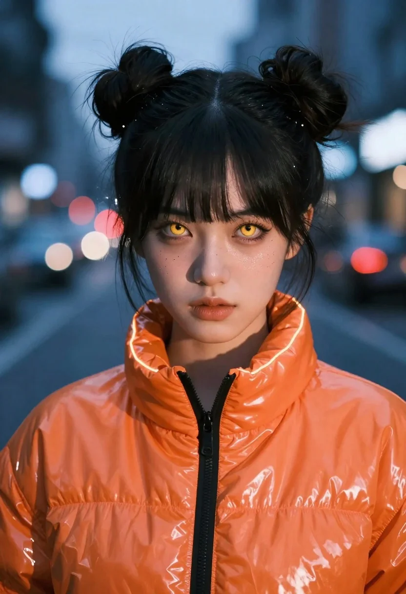 Portrait of young woman with glowing eyes on city night - AI generated image prompt sample